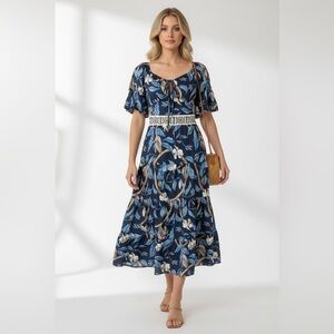 La’Ros Navy Floral Puff Sleeve Tiered Midi Dress – NWT – Size Small